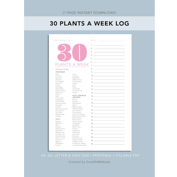 30 Plants a Week | Food Log | Download and Printable | A4, A5, Letter and Half Letter