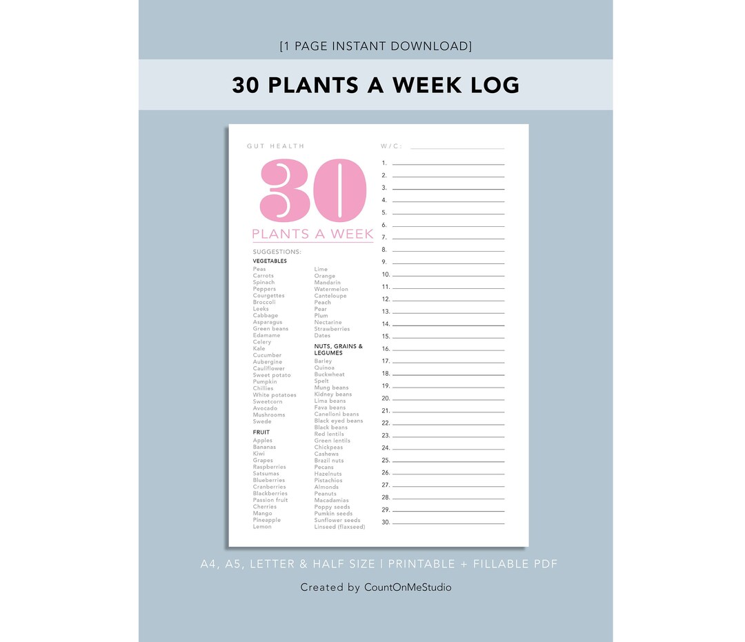 30 Plants a Week Food Log Download and Printable A4, A5, Letter and ...