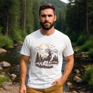 Deer Shirt for Men | Forest Nature Tee with Sunset Graphic | Gift for Hiker or Wildlife Lover