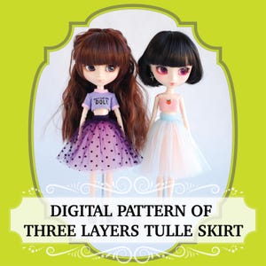 May include: Two fashion dolls wearing handmade outfits. One doll has long brown hair and a purple polka dot tulle skirt. The other doll has black hair and a pink and white tulle skirt. The image includes the text "DIGITAL PATTERN OF THREE LAYERS TULLE SKIRT."