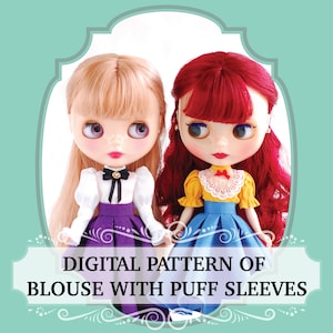 May include: Digital pattern for a blouse with puff sleeves. Two dolls are wearing the blouse in different colors. The doll on the left is wearing a white blouse with a purple skirt and the doll on the right is wearing a yellow blouse with a blue skirt.