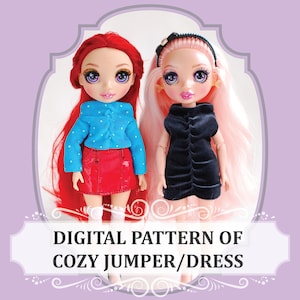 May include: Digital pattern for a cozy jumper or dress for dolls. The pattern is shown on two dolls, one with red hair wearing a blue jumper and red skirt, and the other with pink hair wearing a black dress.