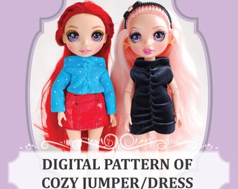 Doll Dress pattern, Warm High neck Dress, Cosy Jumper pattern for Rainbow Fashion