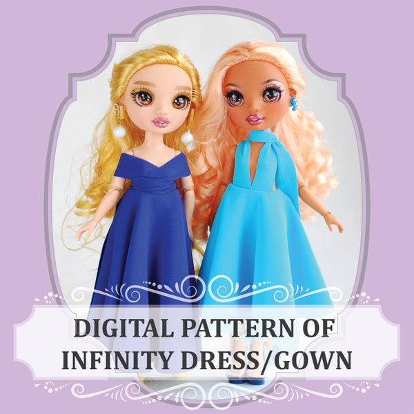 Digital Infinity Dress pattern for doll, Wrap Gown for Rainbow Fashion Doll