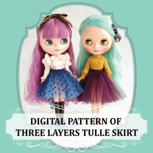 May include: Digital pattern for a three-layer tulle skirt. The pattern is shown on two dolls, one with purple hair and a blue skirt with white polka dots, and the other with turquoise hair and a burgundy skirt.