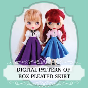May include: Digital pattern for a box pleated skirt for dolls. Two dolls are wearing the skirt in purple and blue.