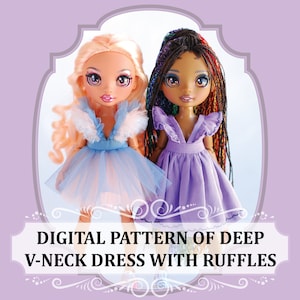 Digital Deep V-Neck Dress with Ruffles pattern for Rainbow Fashion Doll