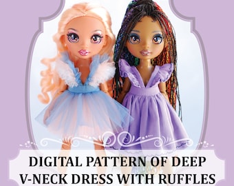 Digital Deep V-Neck Dress with Ruffles pattern for Rainbow Fashion Doll