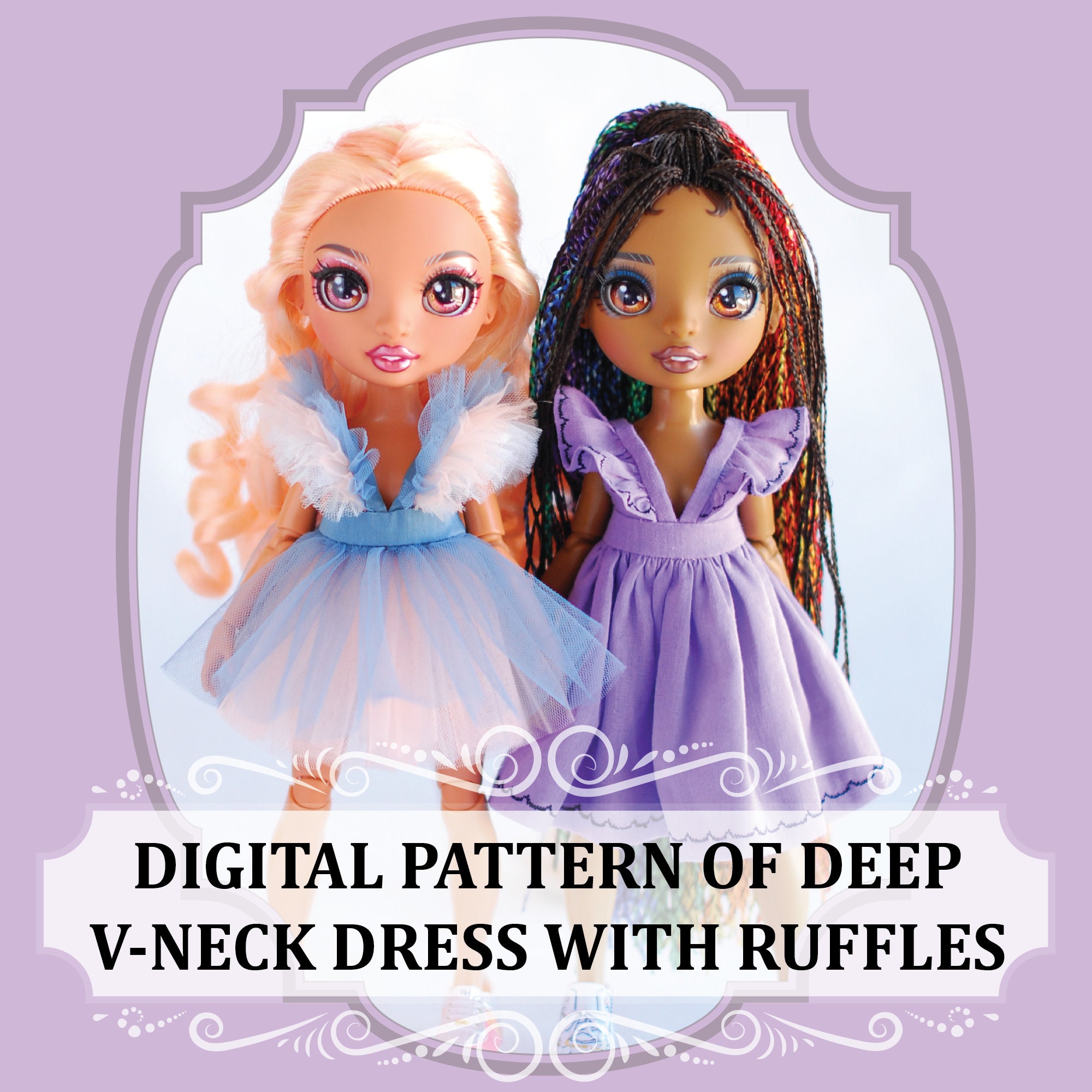 Digital Deep V-Neck Dress with Ruffles pattern for Rainbow Fashion Doll