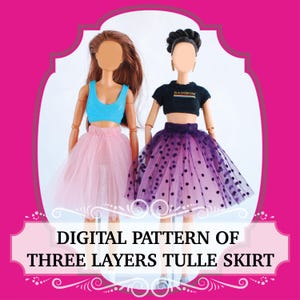 Può includere: Modello digitale per una gonna di tulle a tre strati per bambole. La gonna è mostrata in rosa e viola con pois.