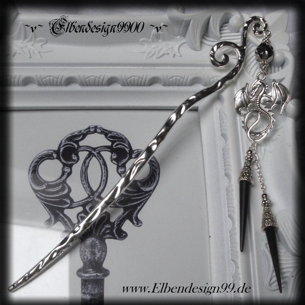 Hairpin schwarz Drache Wicca pagan Hexe hairstick Haarstab Spikes Gothic Göttin Haarschmuck für Dutt