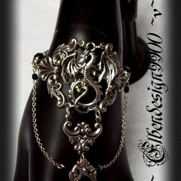 Handschmuck ~Dragon~ schwarz Glasschmuckstein Wicca pagan Hexe kristall Göttin Drache Gothic viktorianischer Armschmuck
