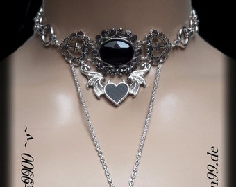 Collier ras du cou noir victorien Wicca sorcière païenne Steampunk gothique chauve-souris coeur goutte Renaissance UNIKAT