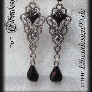 Earrings chandeliers black heart wiccan pagan witch goddess gothic earrings steampunk victorian long black diamonds drops
