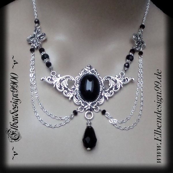 Collier Fleur de Lys Elbendesign99 Victorian necklace with black stone Steampunk Gothic witch necklace