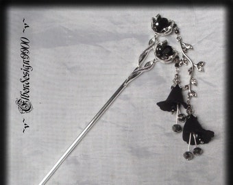 Hairpin schwarz Blüten Wicca pagan Hexe hairstick Haarstab Blattranke Gothic Göttin Haarschmuck für Dutt Renaissance Strass