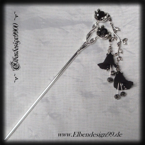 Hairpin schwarz Blüten Wicca pagan Hexe hairstick Haarstab Blattranke Gothic Göttin Haarschmuck für Dutt Renaissance Strass