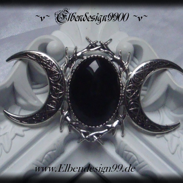 Brosche ~Dreimondin~ schwarz Mond Wicca pagan Hexe Mondphasen Göttin Halbmond Gothic Anstecknadel