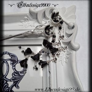 Hairpin black flowers Wicca pagan witch hairstick hair stick leaf tendril Gothic goddess hair accessory for bun Renaissance rhinestone hairpin