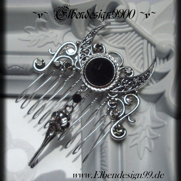 Haarkamm Halbmond Vogelschädel schwarz emerald Schmuckstein Wicca pagan Hexe Gothic viktorianisch Strass Steckkamm Steampunk Mond