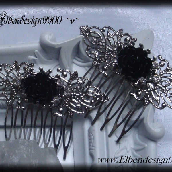 Hair combs black rose Wicca pagan witch Gothic Victorian bridal jewelry crystal rhinestone comb hair jewelry silver pin comb Renaissance