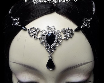 Forehead jewelry black drop Victorian bridal jewelry Wicca pagan witch forehead chain Steampunk Gothic hair jewelry Empire ornament tiara