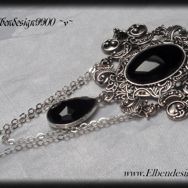 Brosche  Steampunk schwarz Elben Wicca pagan Hexe Göttin Onyx Gothic Anstecknadel Fibel viktorianischer Gewandschmuck Renaissance