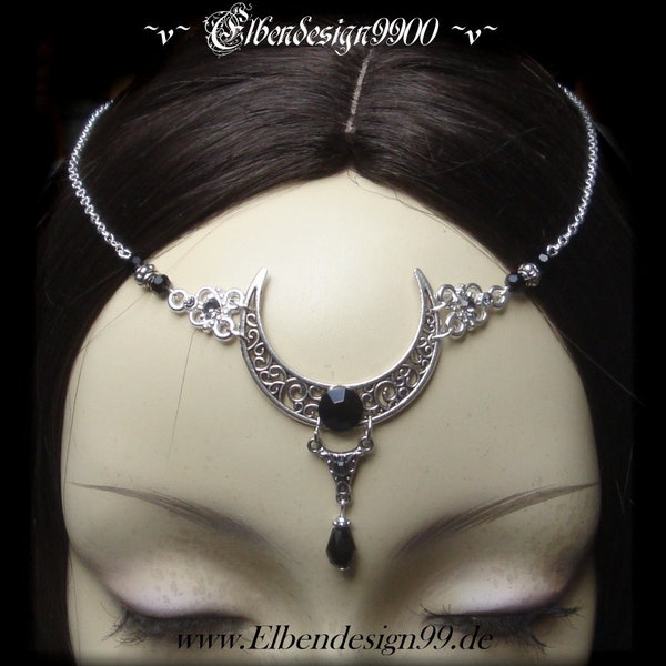 Stirnschmuck Mond schwarzer Stein Triskele Wicca pagan Hexe Stirnkette Celtic Gothic Haarschmuck Tiara