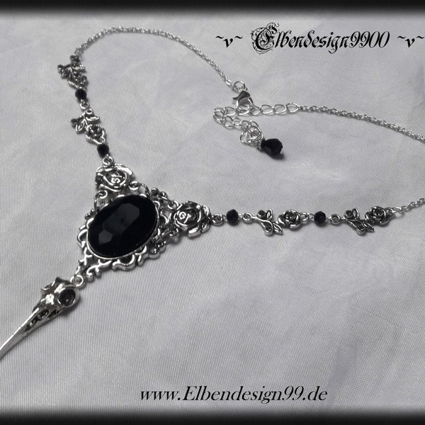 Collier Vogelschädel schwarz Renaissance Wicca pagan Hexe Halskette Choker viktorianisch Gothic Rosen black diamond Strasssteine