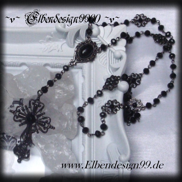 Rosenkranz viktorianisch schwarze Perlen Wicca pagan Hexe Halskette Gebetskette Steampunk Gothic Kreuz schwarze Glassteine