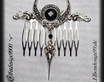 Hair Comb Crescent Bird Skull Black Gemstone Wicca Pagan Witch Gothic Victorian Rhinestone Comb Steampunk Moon