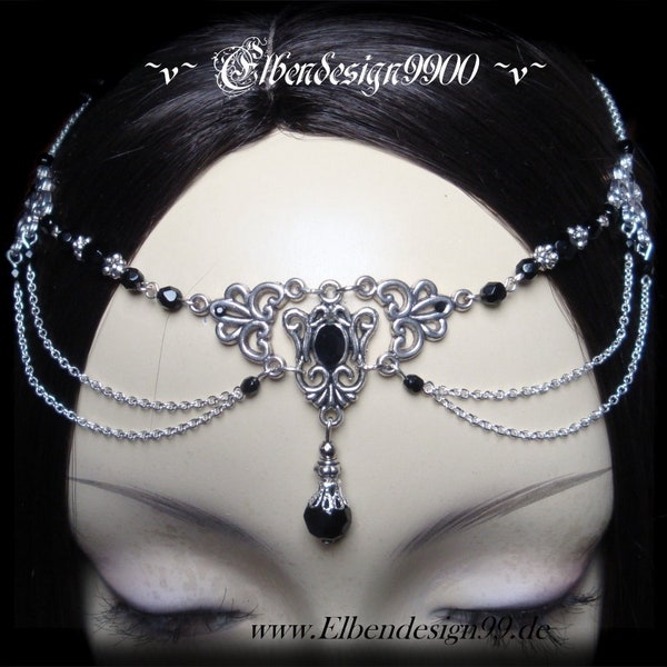 Stirnschmuck~Ayla~ schwarz viktorianisch Wicca pagan Hexe Stirnkette Steampunk Gothic Haarschmuck Empire Ornament Tiara