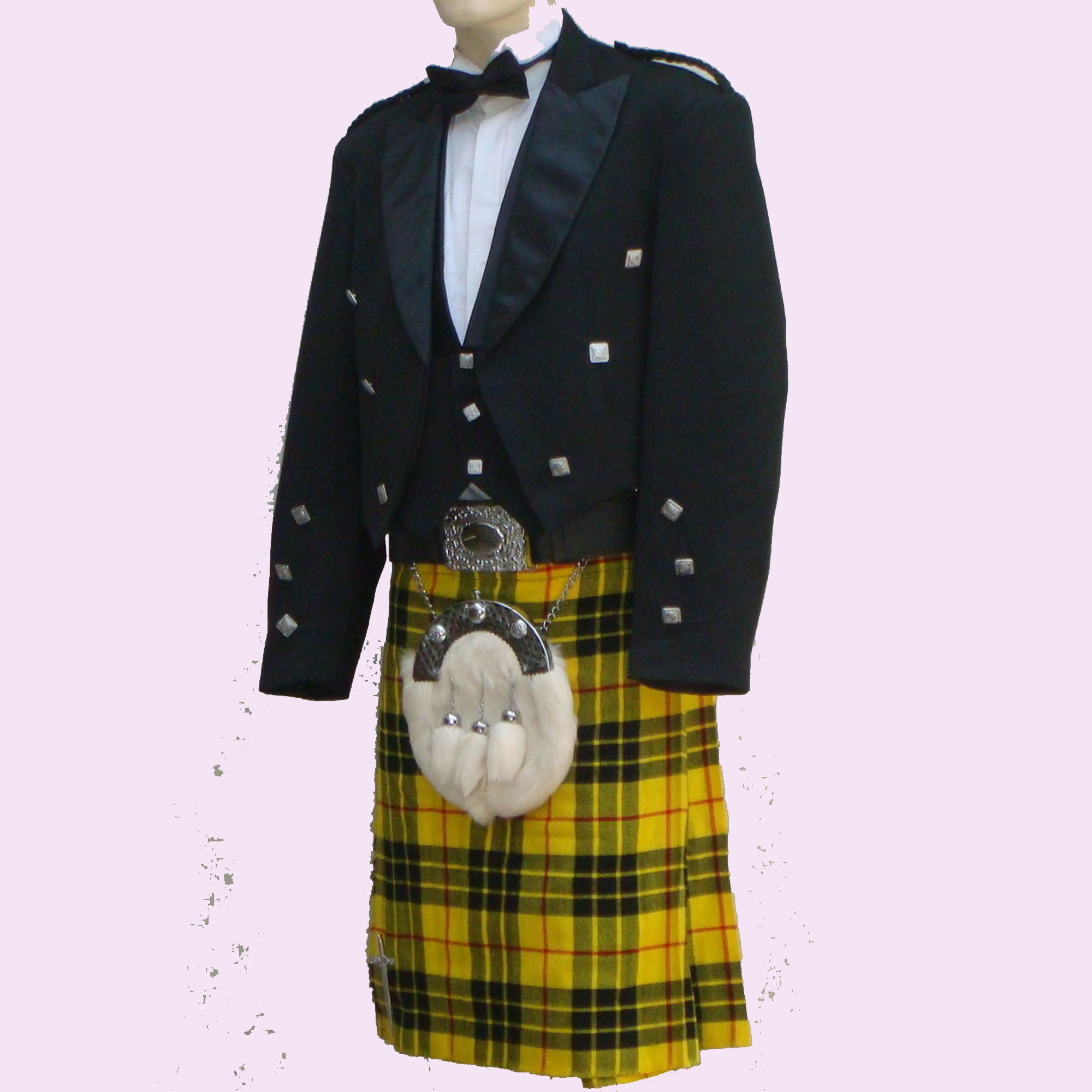 9 PcsScottish Prince Charlie Kilt Jacket Vest & Kilt Sporran outfit set 
