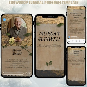 May include: A digital funeral program template on a smartphone screen. The design features a photo of a man, the name "Morgan Maxwell", and memorial details. The background has a vintage map design with floral accents.