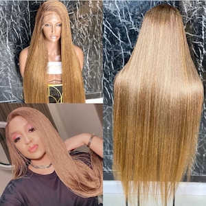May include: A long, straight, light blonde wig with a lace front. The wig is styled in a straight, sleek style.