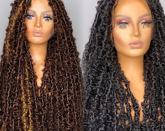 May include: Two long, curly wigs with a lace front. One wig is brown and the other is black.