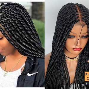 May include: Black braided wig with a lace front. The wig is styled in long, straight braids. The wig is on a mannequin head. The text "Preciously Crowned" is visible in the bottom right corner of the image.