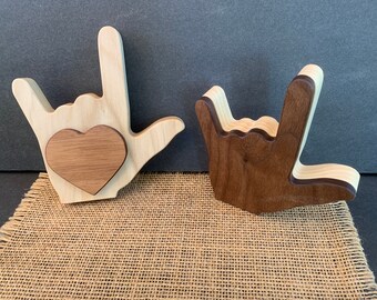I Love You Sign Language Heart Jewelry Trinket Keepsake Gift Box Black Walnut Poplar Wood