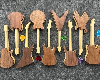 Electric Guitar Pick Trinket Gift Box- Walnut & Popular- Les Paul/SG/Explorer/ES/Stratocaster/Flying V/Rickenbacker/Warlock/Telecaster