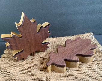 Oak & Maple Fall Leaves Jewelry Trinket Keepsake Gift Box Black Walnut Poplar Wood