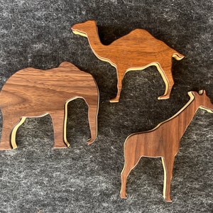 Elephant, Camel & Giraffe African Animals Jewelry Trinket Keepsake Gift Box Black Walnut Poplar Wood