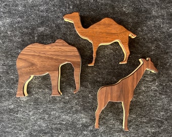 Elephant, Camel & Giraffe African Animals Jewelry Trinket Keepsake Gift Box Black Walnut Poplar Wood