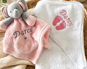 Personalisierte Baby Geschenk Set | Gestickter Elefant Tröster, Kapuzenhandtuch