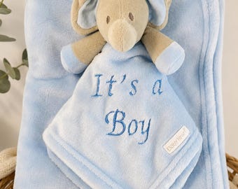Personalised Baby Elephant Comforter and Blanket Set, Blue Plush Newborn Gift