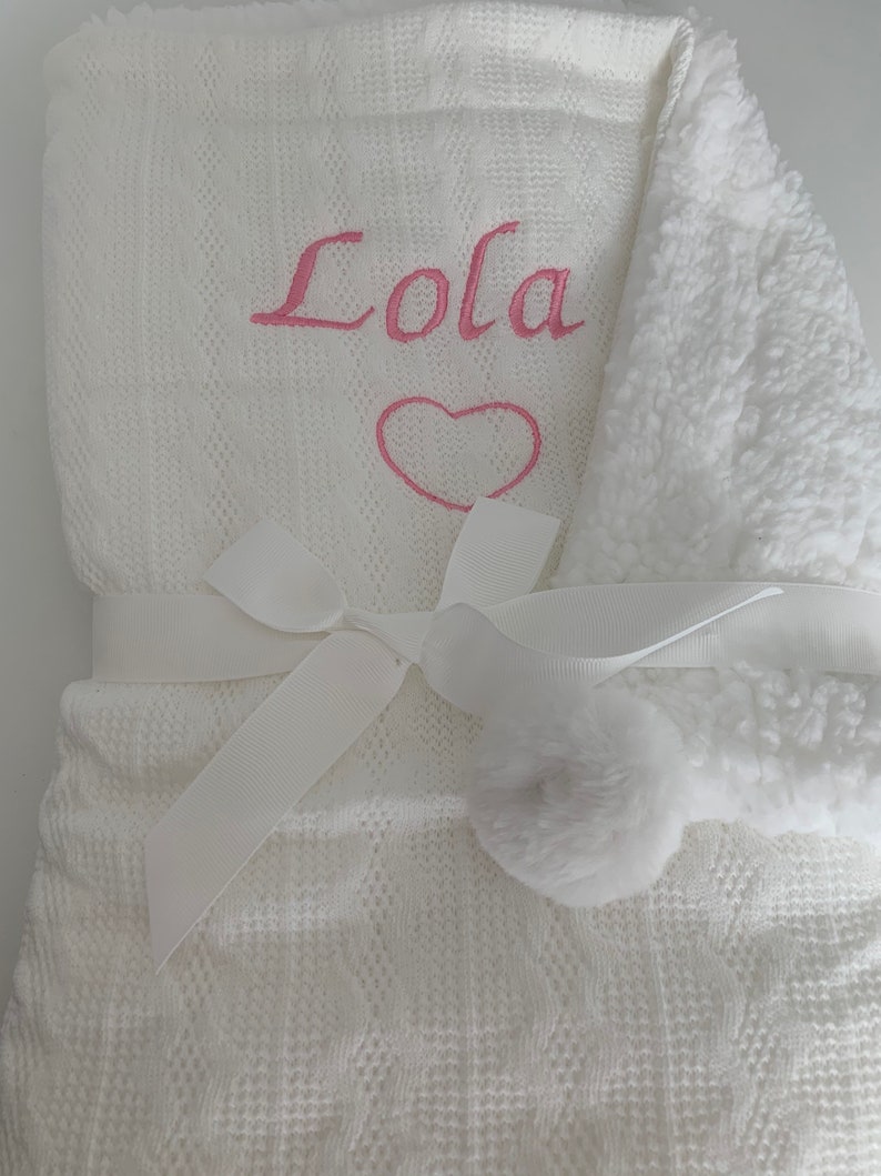 Personalised knitted pom pom fleece lined baby blanket