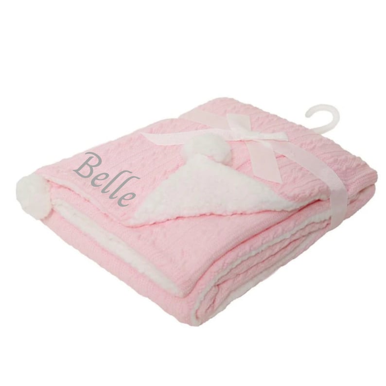 Personalised knitted pom pom fleece lined baby blanket