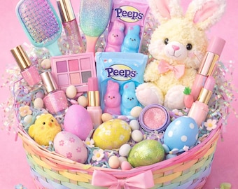 Sorpresa de belleza de Pascua para adolescentes: maquillaje, cuidado de la piel y cesta de autocuidado.