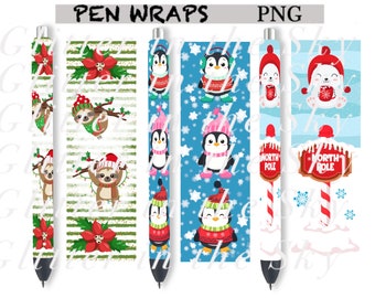 Christmas Pen Wraps, Penguin Pen Wraps, Sloth Pen Wraps, Inkjoy Glitter Pen Waterslide Wrap, Glitter Pen,