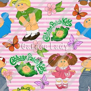 May include: A repeating pattern featuring Cabbage Patch Kids dolls, butterflies, and flowers on a pink and white striped background. The dolls are in various poses and outfits, with the words "Cabbage Patch Kids" in a green font.