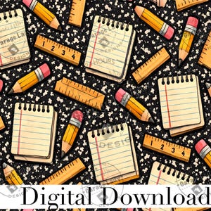 May include: A digital download featuring a repeating pattern of school supplies. The design includes yellow pencils with pink erasers, wooden rulers, and spiral notebooks with lined paper, all set against a black and white speckled background.
